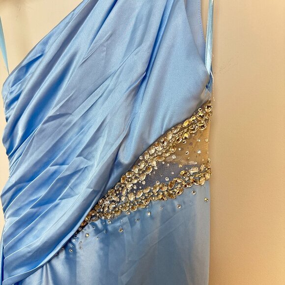 MAC DUGGAL One Shoulder Charmeuse Gown With Beaded Cutout in Powder Blue US 0 - Picture 7 of 13